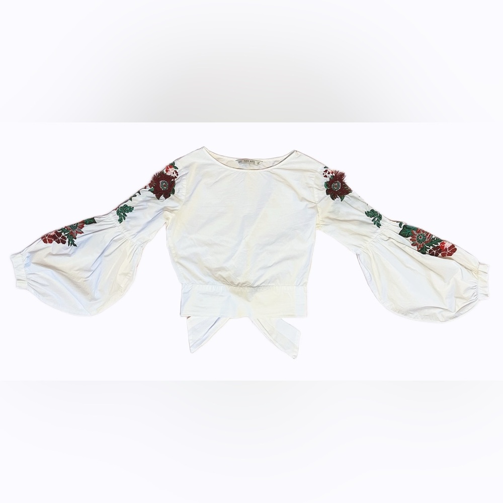 ZARA Basic Women’s Cropped Blouse Floral Embroidered Lantern Sleeve Tie Back Top